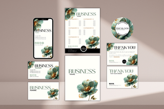 Editable business branding template bundle featuring thank you cards, business cards, stickers, and marketing materials with floral branding, customizable in Canva.