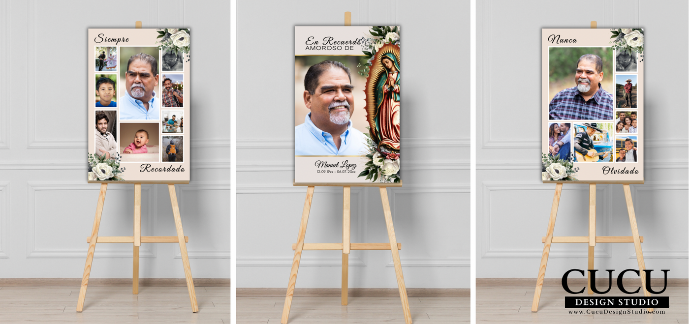 Funeral posters, letrero de bienvenida funebre personalizado, funeral welcome sign, funeral photo collage sign, funeral templates, Spanish funeral poster, cucu design studio