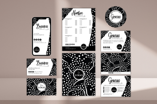 Paquete para negocio editable en Canva con tarjeta de agradecimiento, tarjeta de presentación, menú de precios, sticker y tarjeta digital.