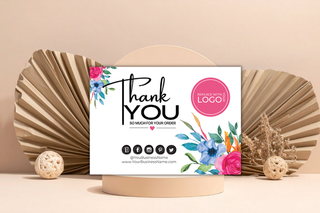 Editable business thank you card template featuring a floral design and customizable branding, perfect for small businesses, editable in Canva.