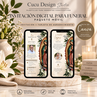 Invitación digital para funeral y tarjeta de agradecimiento en formato móvil, presentada en dos teléfonos inteligentes con elegante diseño religioso en tonos crema, beige, dorado y verde, decorado con la Virgen de Guadalupe, flores blancas y follaje. La plantilla es editable en Canva, permite personalizar texto, fotografías y detalles, ofrece descarga instantánea y está diseñada para compartir fácilmente desde el móvil.
