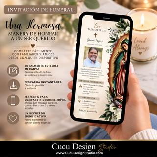 Invitación digital de funeral editable en Canva, mostrada en un teléfono inteligente sostenido con la mano. El diseño presenta una elegante composición religiosa en tonos crema, beige, dorado y verde, con la Virgen de Guadalupe, flores blancas y follaje. La imagen destaca que la plantilla puede personalizarse con texto, fotografía y colores, descargarse al instante y compartirse fácilmente con familiares y amigos desde cualquier dispositivo.