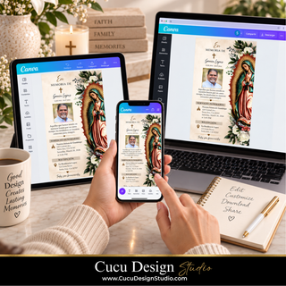 Plantilla digital de invitación para funeral mostrada en Canva en diferentes dispositivos, incluyendo computadora portátil, tableta y teléfono inteligente. La imagen demuestra que el diseño puede editarse desde distintos dispositivos y permite personalizar la información de la invitación, fotografía, colores, fuentes y otros elementos. El diseño religioso presenta la Virgen de Guadalupe, flores blancas y follaje en una composición elegante de tonos crema, beige y dorado.