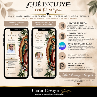 Imagen informativa que muestra lo que incluye el paquete de invitación digital para funeral: una invitación digital y una tarjeta digital de agradecimiento, ambas en tamaño 1080 x 1920 píxeles y diseñadas para compartir desde el móvil. También incluye edición fácil en Canva, descarga instantánea y un archivo PDF con instrucciones para acceder a las plantillas. Los diseños pueden personalizarse con textos, fotografías, colores y otros elementos.