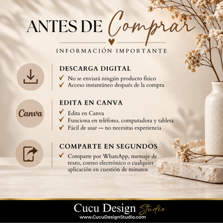 Información importante antes de comprar una plantilla digital para funeral editable en Canva. La imagen explica que se trata de una descarga digital y que no se enviará ningún producto físico. La plantilla puede editarse en Canva desde teléfono, computadora o tableta y puede compartirse por WhatsApp, mensaje de texto, correo electrónico y otras aplicaciones. El diseño está pensado para personalizar y compartir en pocos minutos.