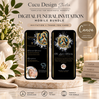 Digital Funeral Invitation mobile bundle template preview by Cucu Design Studio, showing two smartphone screens with elegant black and gold memorial invitation designs, surrounded by flowers, a candle, and stacked books on a marble surface.