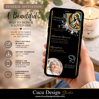 A hand holds a smartphone displaying a custom funeral invitation design with religious artwork, service details, and a reception schedule. The left side includes marketing text and icons for Canva editing, instant download, email sharing, and memorial use.