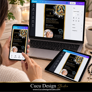 A digital mockup showing a Catholic wedding invitation template displayed on a laptop, tablet, and smartphone. The template features a black and gold design with religious imagery of the Virgin Mary, set against a warm, cozy background with a person's hands holding the phone.