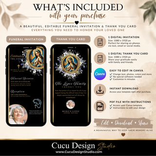 A promotional graphic for a customizable digital funeral invitation and thank you card set by Cucu Design Studio. The design features elegant beige and black layouts with gold accents, showing mockups of the invitation and thank you card, along with icons and text detailing the digital download features.