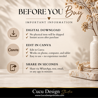 Promotional graphic for a digital download product titled 'BEFORE YOU Buy IMPORTANT INFORMATION' with three feature callouts: digital download, edit in Canva, and share in seconds. The design uses a warm beige background with decorative dried flowers in a white vase and a black footer showing the brand 'Cucu Design Studio'.