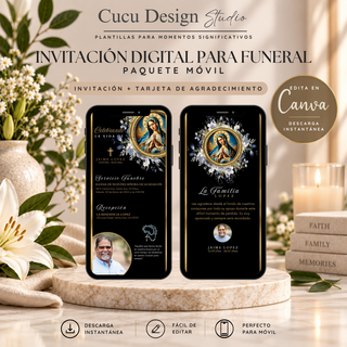 Invitación digital para funeral católico en paquete móvil con tarjeta de agradecimiento, diseño elegante con la Virgen de Guadalupe, plantillas editables en Canva y formato 1080 x 1920 px para compartir desde el teléfono.