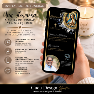 Invitación digital de funeral editable en Canva, mostrada en un teléfono móvil con diseño católico de la Virgen de Guadalupe, detalles dorados y espacio para información del servicio funerario.