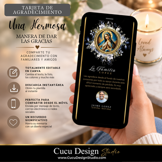 Tarjeta digital de agradecimiento por funeral editable en Canva, mostrada en un teléfono móvil con diseño católico de la Virgen de Guadalupe, detalles dorados y un mensaje de agradecimiento de parte de la familia.