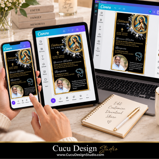 Persona editando una invitación digital de funeral en Canva desde un teléfono, una tableta y una computadora portátil, mostrando la misma plantilla católica en diferentes dispositivos y un proceso sencillo de personalización.