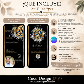 Paquete de invitación digital para funeral que incluye una invitación digital y una tarjeta de agradecimiento en formato móvil, ambas editables en Canva, además de un archivo PDF con instrucciones y acceso instantáneo a las plantillas.