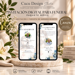 Invitación digital para funeral con Jesús y tarjeta de agradecimiento, editables en Canva. Paquete móvil con diseño religioso elegante en tonos blancos, azules y dorados, ideal para personalizar y compartir digitalmente.