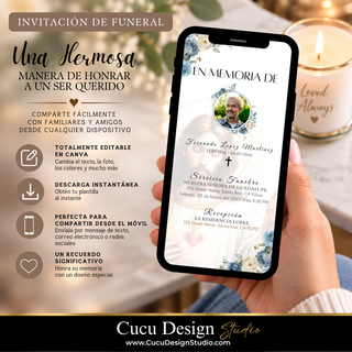 Invitación digital para funeral con Jesús mostrada en un teléfono móvil. Plantilla editable en Canva con fotografía, nombre, fechas, servicio funerario y recepción, diseñada para compartir fácilmente con familiares y amigos.