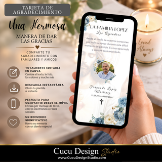 Tarjeta digital de agradecimiento por el funeral con Jesús y flores azules y blancas, mostrada en un teléfono móvil. Plantilla editable en Canva para personalizar el mensaje, fotografía, nombre y fechas.