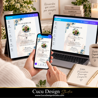 Invitación digital para funeral con Jesús mostrada en Canva en computadora portátil, tableta y teléfono móvil. Plantilla editable que permite personalizar fotografías, texto, colores y fuentes desde diferentes dispositivos.
