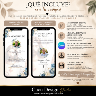 Paquete de invitación digital para funeral con Jesús y tarjeta de agradecimiento, ambas de 1080 x 1920 px. Incluye plantillas editables en Canva, descarga instantánea y archivo PDF con instrucciones.