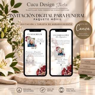 Invitación digital para funeral con Jesús, paquete con invitación y tarjeta de agradecimiento editable en Canva.