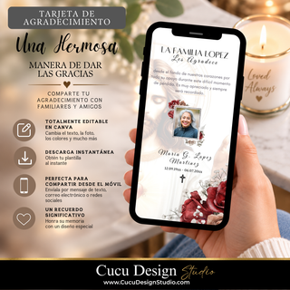 Tarjeta digital de agradecimiento por funeral con Jesús, plantilla editable en Canva para compartir con familiares y amigos.