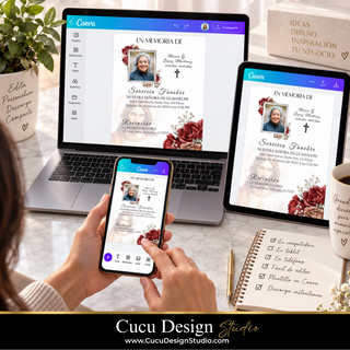 Plantilla de invitación para funeral editable en Canva desde computadora, tablet o teléfono móvil.