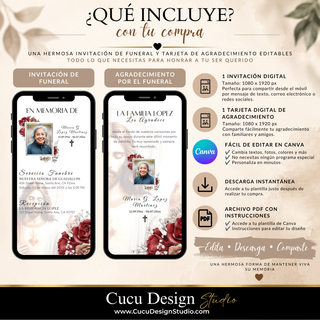 Paquete digital para funeral con Jesús: invitación y tarjeta de agradecimiento de 1080 x 1920 px, editables en Canva.