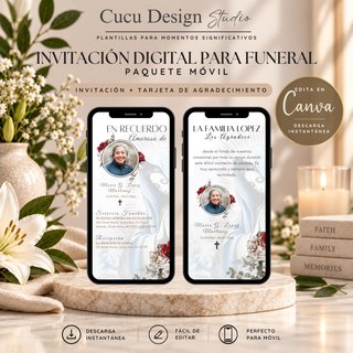 Invitación digital para funeral con Virgen María y tarjeta de agradecimiento, mostradas en teléfonos móviles. Paquete de plantillas editables en Canva, con descarga instantánea y formato perfecto para compartir desde el móvil.