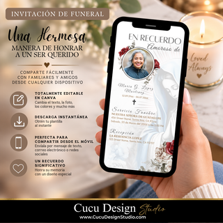 Invitación digital de funeral con Virgen María mostrada en un teléfono móvil. Plantilla editable en Canva para personalizar fotografía, nombre, fechas, servicio funerario y recepción, y compartir con familiares y amigos.