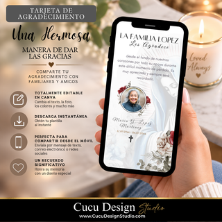 Tarjeta digital de agradecimiento por funeral con Virgen María mostrada en un teléfono móvil. Plantilla editable en Canva para personalizar fotografía, nombre y mensaje y compartir el agradecimiento con familiares y amigos.