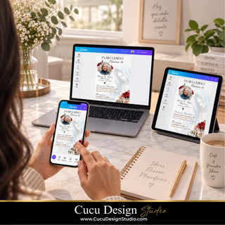 Invitación digital para funeral con Virgen María mostrada en Canva desde computadora, tablet y teléfono móvil. Plantilla editable que permite personalizar fotografías, texto, colores y fuentes desde diferentes dispositivos.