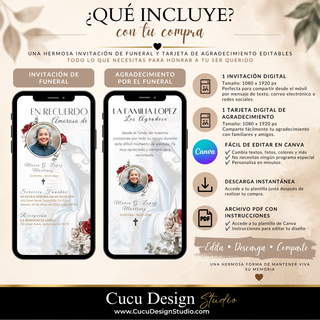 Paquete digital para funeral con Virgen María que incluye una invitación de funeral y una tarjeta de agradecimiento de 1080 x 1920 px. Plantillas editables en Canva con descarga instantánea y archivo PDF con instrucciones.