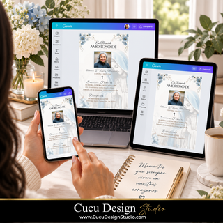 Plantilla de invitación digital para funeral con Virgen María editada en Canva desde teléfono, tableta y computadora, mostrando cómo personalizar el diseño antes de compartirlo.