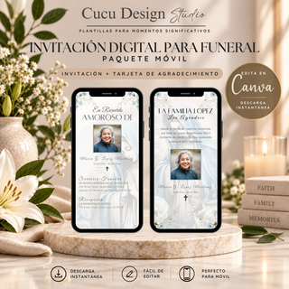 Invitación digital de funeral con Virgen María y tarjeta de agradecimiento, paquete móvil editable en Canva, con diseño religioso elegante en tonos blancos y azul claro.