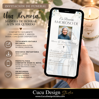 Invitación digital para funeral con Virgen María mostrada en un teléfono móvil, plantilla editable en Canva para personalizar nombre, fotografía, fechas, servicio funerario y recepción.