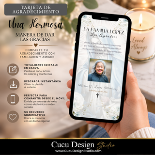 Tarjeta digital de agradecimiento por funeral con Virgen María mostrada en un teléfono móvil, plantilla editable en Canva para personalizar el mensaje, fotografía y datos del ser querido.