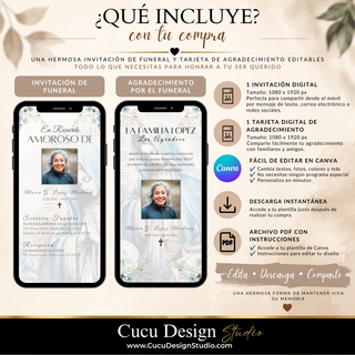 Paquete digital para funeral con Virgen María que incluye una invitación y una tarjeta de agradecimiento de 1080 x 1920 px, editables en Canva y listas para compartir desde el móvil.