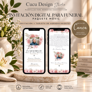 Paquete móvil de invitación digital para funeral y tarjeta de agradecimiento con diseño floral en tonos rosa y blanco. Ambas plantillas se muestran en teléfonos móviles y son editables en Canva con descarga instantánea.