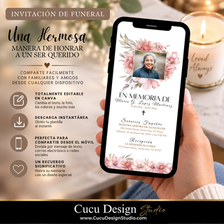 Invitación digital para funeral con diseño floral en tonos rosa, fotografía de la persona fallecida y detalles personalizados. Plantilla editable en Canva para cambiar texto, foto y colores y compartir desde el móvil.