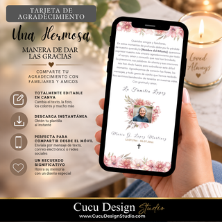 Tarjeta digital de agradecimiento por funeral con diseño floral rosa, fotografía y mensaje de gratitud. Plantilla editable en Canva para personalizar el contenido y compartir con familiares y amigos.