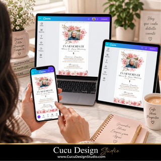 Invitación digital para funeral con flores rosas mostrada en Canva en una computadora portátil, tableta y teléfono móvil. La plantilla puede editarse desde diferentes dispositivos y permite personalizar fotos, texto, colores y fuentes.