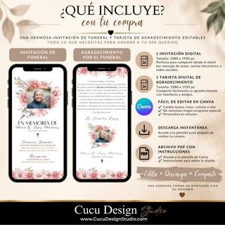 Paquete digital de funeral que incluye una invitación y una tarjeta de agradecimiento de 1080 x 1920 px. Plantillas editables en Canva con descarga instantánea y archivo PDF con instrucciones para acceder y editar los diseños.