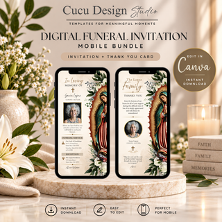 Digital funeral invitation mobile bundle template preview by Cucu Design Studio, showing two smartphone screens with elegant memorial invitation designs, surrounded by flowers, candles, and books on a marble surface.