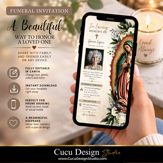 A hand holds a smartphone displaying a funeral invitation design with a portrait of the Virgin Mary, floral details, and memorial text. The left side includes marketing text and icons for features like editable Canva templates, instant download, and phone sharing.