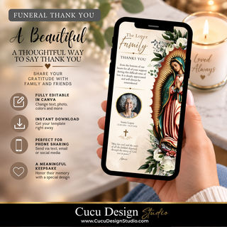 A hand holds a smartphone displaying a Funeral Thank You digital memorial card with an illustrated Virgin Mary, floral details, and memorial text. The left side includes marketing text and icons for features like editable in Canva, instant download, and phone sharing.