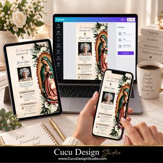 A digital memorial invitation template shown on a laptop, tablet, and smartphone mockup, with a person's hands holding the phone in a styled desk setting. The design features a religious Virgin of Guadalupe illustration with flowers and customizable text fields.