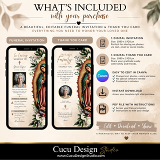 A promotional graphic for a digital Canva funeral invitation template set by Cucu Design Studio, showing included funeral invitation, thank you card, and digital versions displayed on phone mockups with feature callouts.