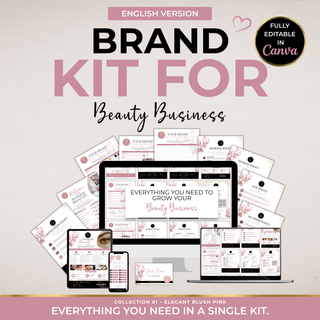 A digital product mockup displaying a comprehensive brand kit template collection for beauty businesses. The kit features elegant pink and black stationery templates such as a logo, business cards, social media graphics, and contracts, arranged on a light beige background with decorative banners.