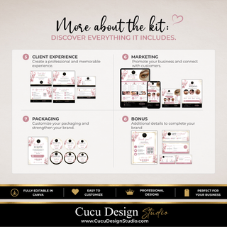 Beauty business brand kit Canva templates for client experience, marketing, packaging, and bonus designs